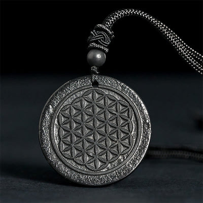 Buddha Stones Flower of Life Carving Design Authentic Shungite Stone Protection Necklace Pendant - Flower of Life(Relief Carving) - 35-40mm - image 0
