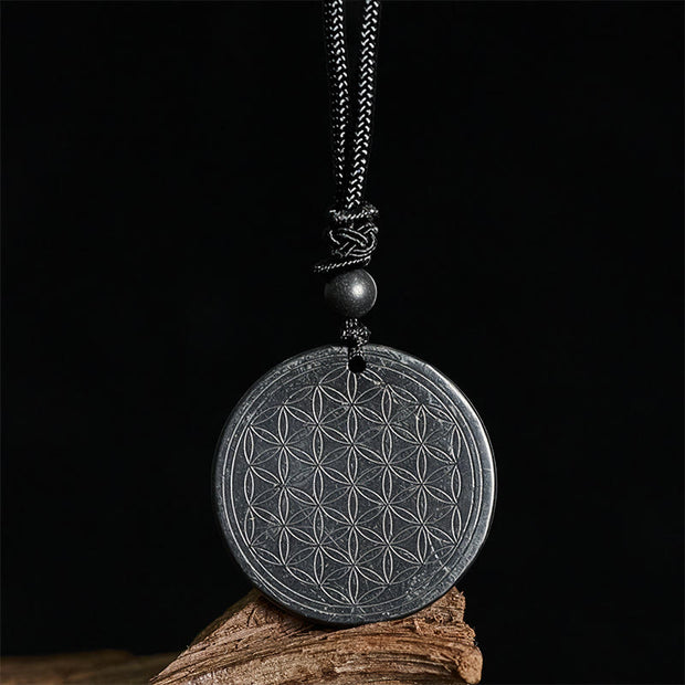 Buddha Stones Flower of Life Carving Design Authentic Shungite Stone Protection Necklace Pendant - image 9
