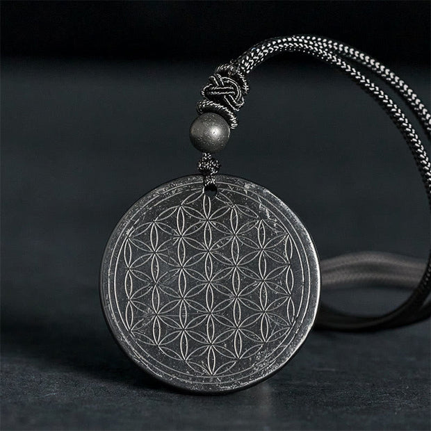 Buddha Stones Flower of Life Carving Design Authentic Shungite Stone Protection Necklace Pendant - Flower of Life(Intaglio Carving) - 35-40mm - image 7