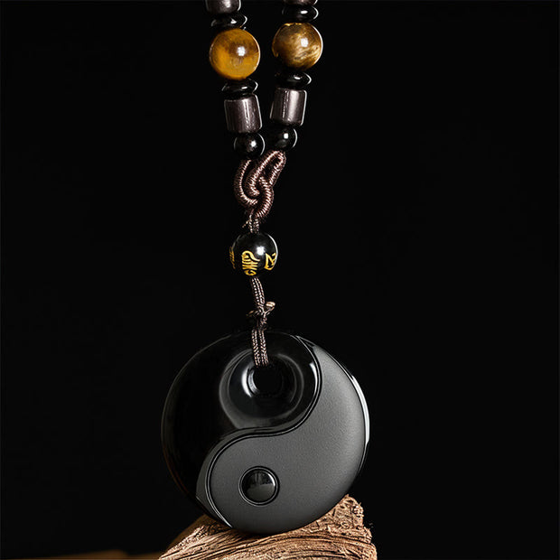 Buddha Stones Yin Yang Symbol Om Mani Padme Hum Black Obsidian Strength Necklace Pendant - image 1