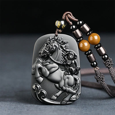 Buddha Stones Year of the Horse Monkey Pattern Om Mani Padme Hum Black Obsidian Strength Necklace Pendant - Horse&Monkey&Six True Words - image 0