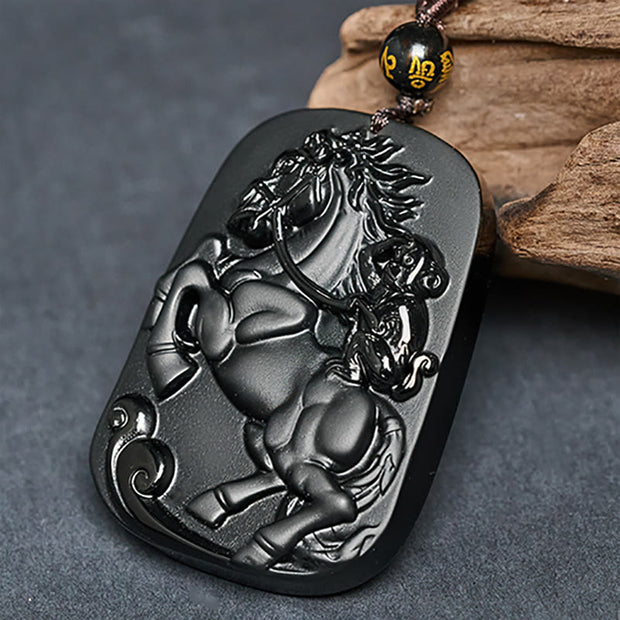 Buddha Stones Year of the Horse Monkey Pattern Om Mani Padme Hum Black Obsidian Strength Necklace Pendant - image 3