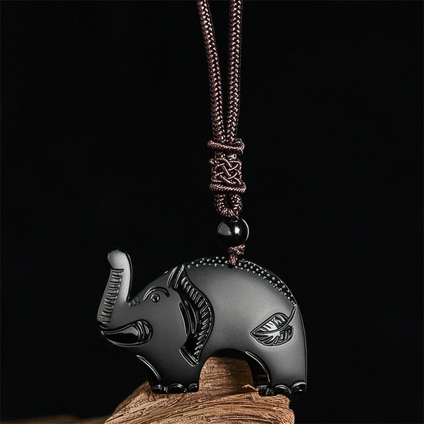 Buddha Stones Elephant Symbol Carved Design Black Obsidian Strength Necklace Pendant - image 2