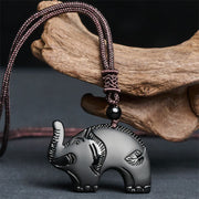 Buddha Stones Elephant Symbol Carved Design Black Obsidian Strength Necklace Pendant - image 1