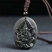 Buddha Stones Ganesh Elephant Relief Design Natural Black Obsidian Strength Necklace Pendant - Black Obsidian(Pendant Size: 53*39mm) - image 0
