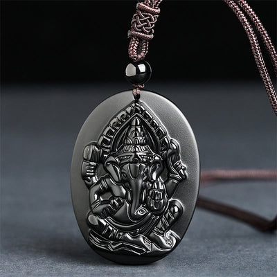 Buddha Stones Ganesh Elephant Relief Design Natural Black Obsidian Strength Necklace Pendant - Black Obsidian(Pendant Size: 53*39mm) - image 0