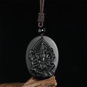 Buddha Stones Ganesh Elephant Relief Design Natural Black Obsidian Strength Necklace Pendant - image 2
