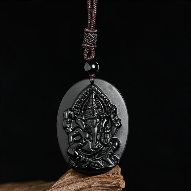 Buddha Stones Ganesh Elephant Relief Design Natural Black Obsidian Strength Necklace Pendant - image 2