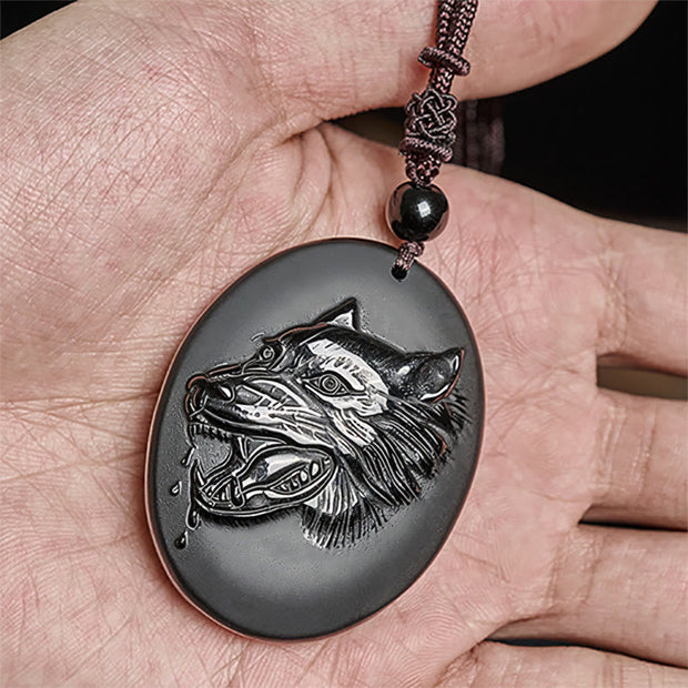 Buddha Stones Wolf Head Natural Black Obsidian Strength Necklace Pendant - image 6