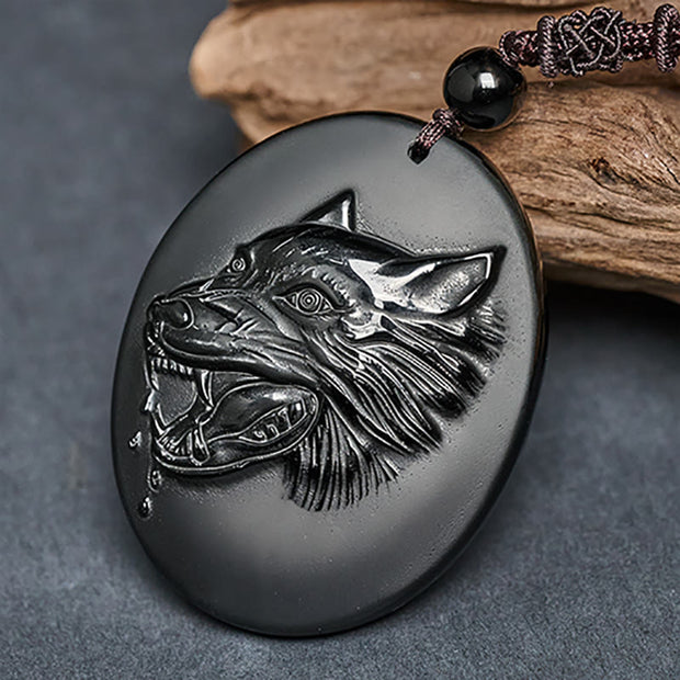 Buddha Stones Wolf Head Natural Black Obsidian Strength Necklace Pendant - image 3