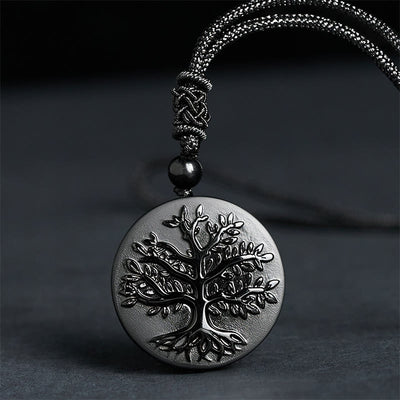Buddha Stones Natural The Tree of Life Pattern Black Obsidian Transformation Necklace Pendant - Black Obsidian(Pendant Size: 30mm) - image 0