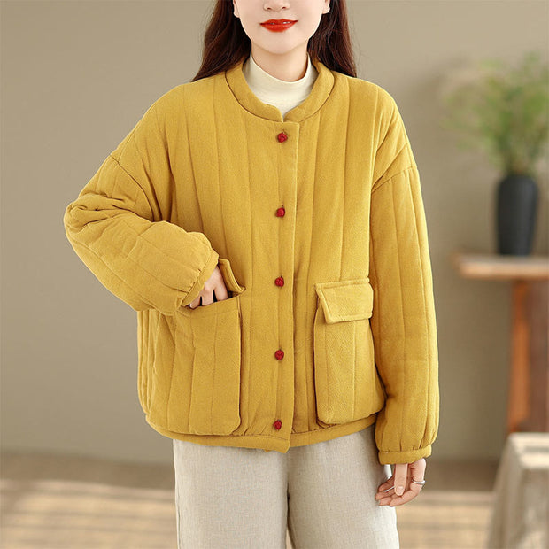 Buddha Stones Frog-button Striped Design Long Sleeve Thickened Cotton Women's Jacket With Pockets - image 9