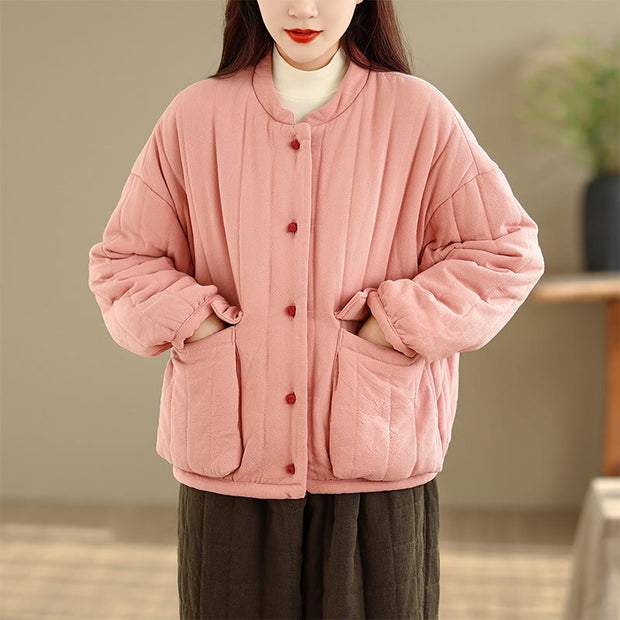 Buddha Stones Frog-button Striped Design Long Sleeve Thickened Cotton Women's Jacket With Pockets - image 1