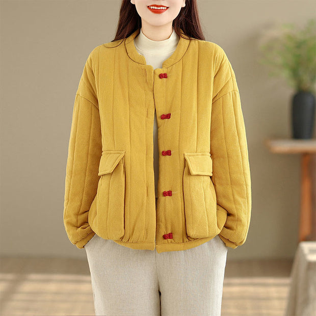 Buddha Stones Frog-button Striped Design Long Sleeve Thickened Cotton Women's Jacket With Pockets - Gold - US12，UK/AU16，EU44 (2XL) - image 7