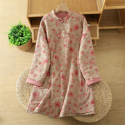 Buddha Stones Frog-button Flower Pattern Crew Neck Thickened Cotton Long Sleeve Women's Coat  - Pink - US14，UK/AU18，EU46 (2XL) - image 0