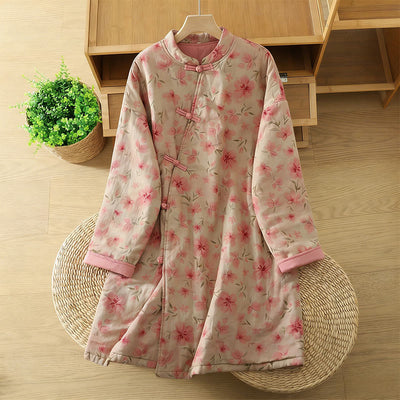 Buddha Stones Frog-button Flower Pattern Crew Neck Thickened Cotton Long Sleeve Women's Coat  - Pink - US14，UK/AU18，EU46 (2XL) - image 0