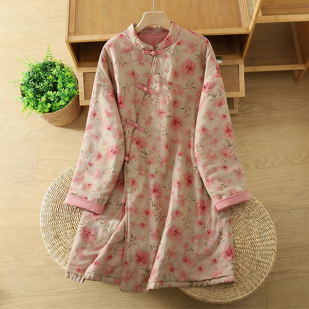 Buddha Stones Frog-button Flower Pattern Crew Neck Thickened Cotton Long Sleeve Women's Coat  - Pink - US14，UK/AU18，EU46 (2XL) - image 0