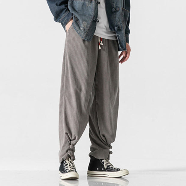 Buddha Stones Fall Winter Men's Pure Color Button Design Cotton Straight Leg Pants With Pockets - image 1