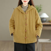 Buddha Stones Frog-button Plain Long Sleeve Thickened Cotton Women's Jacket With Pockets Hood - image 1