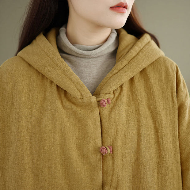 Buddha Stones Frog-button Plain Long Sleeve Thickened Cotton Women's Jacket With Pockets Hood - image 7