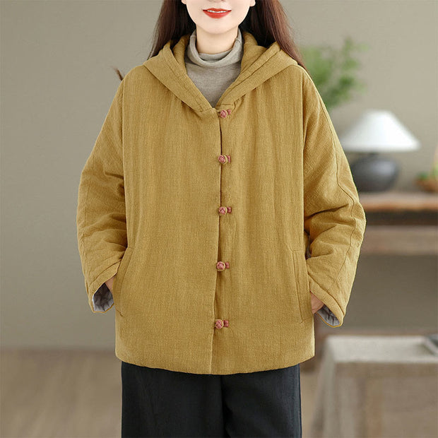 Buddha Stones Frog-button Plain Long Sleeve Thickened Cotton Women's Jacket With Pockets Hood - image 1