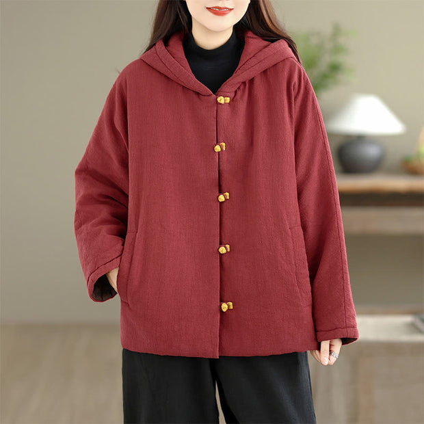 Buddha Stones Frog-button Plain Long Sleeve Thickened Cotton Women's Jacket With Pockets Hood - image 12
