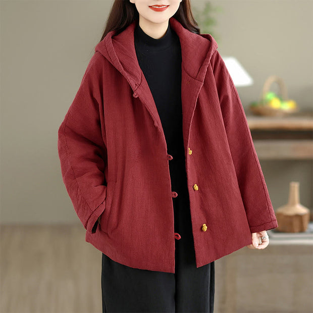 Buddha Stones Frog-button Plain Long Sleeve Thickened Cotton Women's Jacket With Pockets Hood - image 13