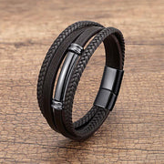 Buddha Stones Multi-layered Simple Design Leather Titanium Steel Balance Bracelet - Black - 19-21cm - image 0