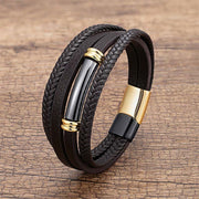 Buddha Stones Multi-layered Simple Design Leather Titanium Steel Balance Bracelet - Black&Gold - 19-21cm - image 6