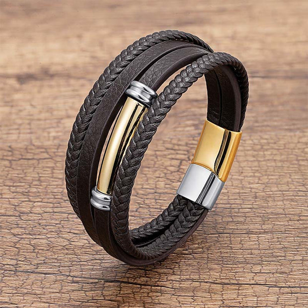 Buddha Stones Multi-layered Simple Design Leather Titanium Steel Balance Bracelet - Gold&Silver - 19-21cm - image 8