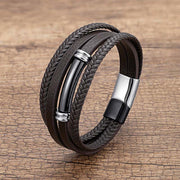 Buddha Stones Multi-layered Simple Design Leather Titanium Steel Balance Bracelet - Black&Silver - 19-21cm - image 9