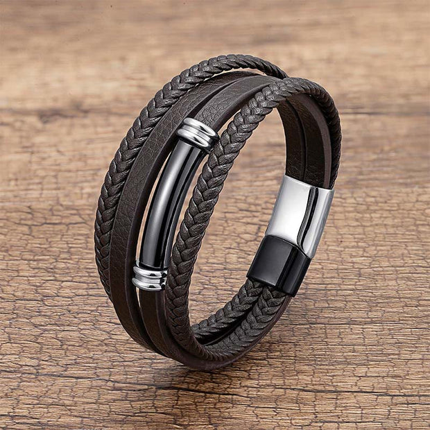 Buddha Stones Multi-layered Simple Design Leather Titanium Steel Balance Bracelet - Black&Silver - 19-21cm - image 9