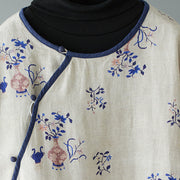 Buddha Stones Slanted Collar Printing Long Sleeve Crew Neck Cotton Midi Dress - image 2