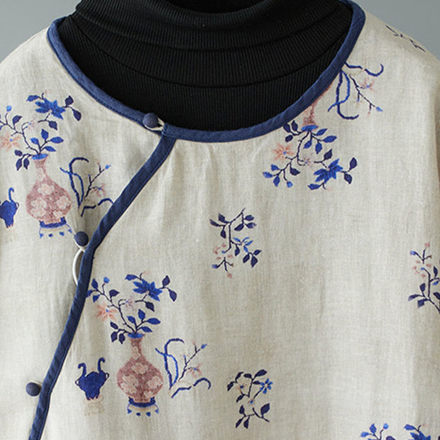 Buddha Stones Slanted Collar Printing Long Sleeve Crew Neck Cotton Midi Dress - image 2