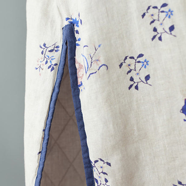 Buddha Stones Slanted Collar Printing Long Sleeve Crew Neck Cotton Midi Dress - image 5