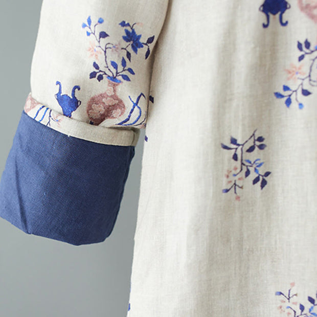 Buddha Stones Slanted Collar Printing Long Sleeve Crew Neck Cotton Midi Dress - image 4