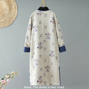 Buddha Stones Slanted Collar Printing Long Sleeve Crew Neck Cotton Midi Dress - image 1
