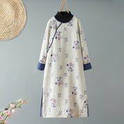 Buddha Stones Slanted Collar Printing Long Sleeve Crew Neck Cotton Midi Dress - WhiteSmoke - US8-10，UK/AU12-14，EU40-42 (2XL) - image 0