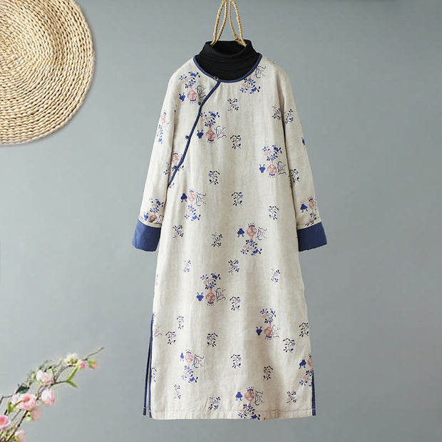 Buddha Stones Slanted Collar Printing Long Sleeve Crew Neck Cotton Midi Dress - WhiteSmoke - US8-10，UK/AU12-14，EU40-42 (2XL) - image 0