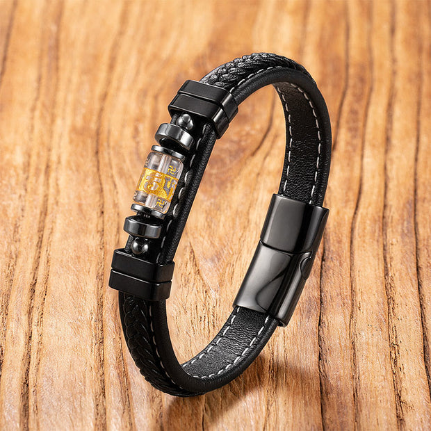 Buddha Stones Om Mani Padme Hum Dragon Symbol Leather Titanium Steel Balance Protection Bracelet - Style 1 - 19-21cm - image 4
