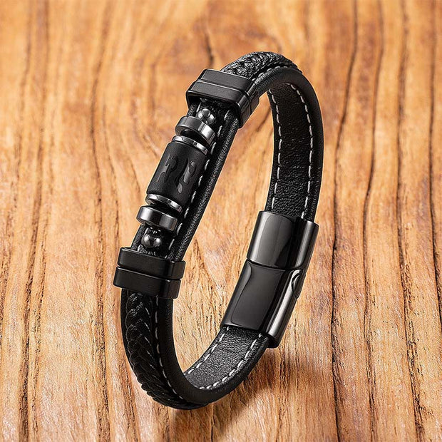 Buddha Stones Om Mani Padme Hum Dragon Symbol Leather Titanium Steel Balance Protection Bracelet - Style 5 - 19-21cm - image 9