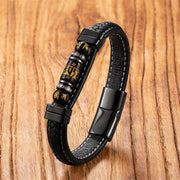 Buddha Stones Om Mani Padme Hum Dragon Symbol Leather Titanium Steel Balance Protection Bracelet - Style 6 - 19-21cm - image 0