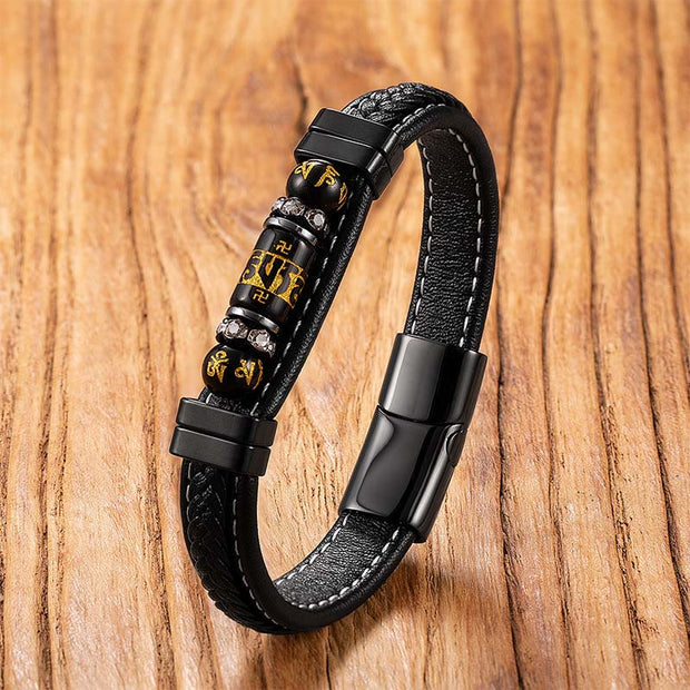 Buddha Stones Om Mani Padme Hum Dragon Symbol Leather Titanium Steel Balance Protection Bracelet - Style 6 - 19-21cm - image 0
