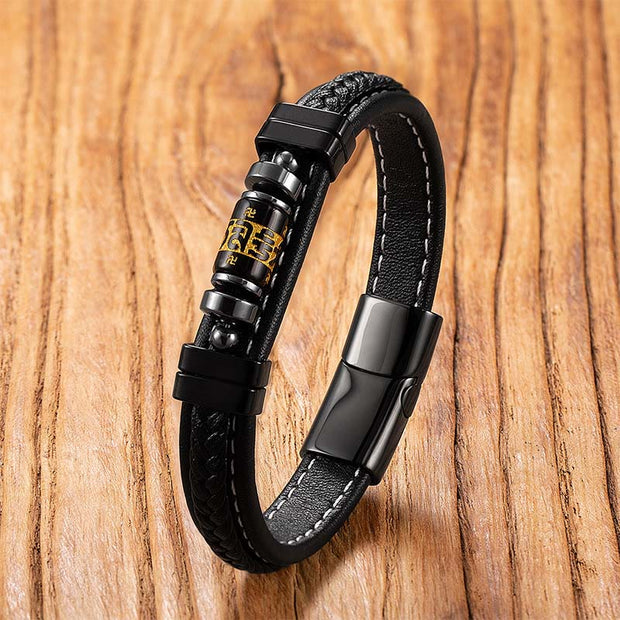 Buddha Stones Om Mani Padme Hum Dragon Symbol Leather Titanium Steel Balance Protection Bracelet - Style 7 - 19-21cm - image 11