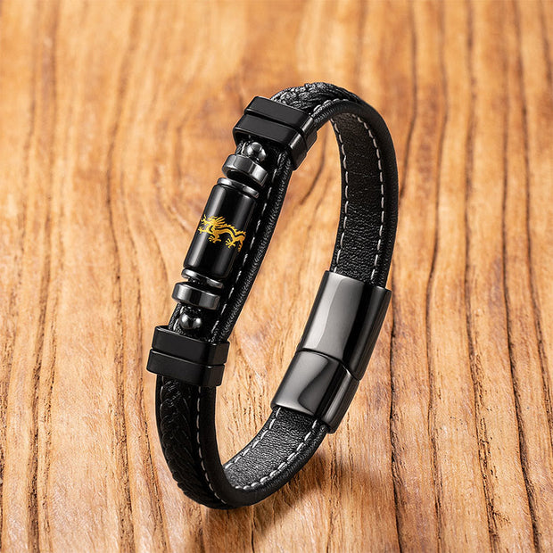 Buddha Stones Om Mani Padme Hum Dragon Symbol Leather Titanium Steel Balance Protection Bracelet - Style 3 - 19-21cm - image 6