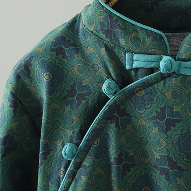 Buddha Stones Crew Neck Frog-button Flower Pattern Long Sleeve Cotton Midi Dress - image 4