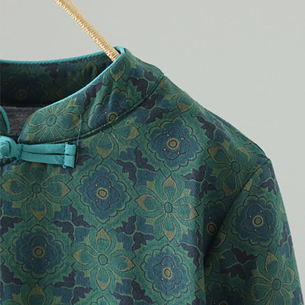 Buddha Stones Crew Neck Frog-button Flower Pattern Long Sleeve Cotton Midi Dress - image 5