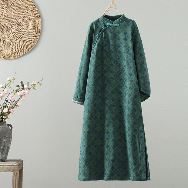 Buddha Stones Crew Neck Frog-button Flower Pattern Long Sleeve Cotton Midi Dress - DarkGreen - US8-10，UK/AU12-14，EU40-42 (2XL) - image 0
