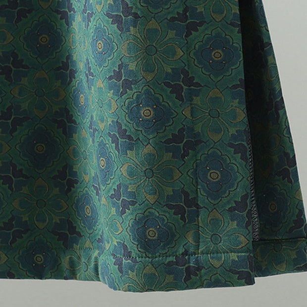 Buddha Stones Crew Neck Frog-button Flower Pattern Long Sleeve Cotton Midi Dress - image 7