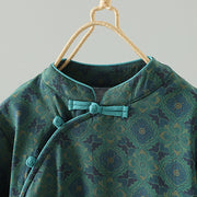 Buddha Stones Crew Neck Frog-button Flower Pattern Long Sleeve Cotton Midi Dress - image 3